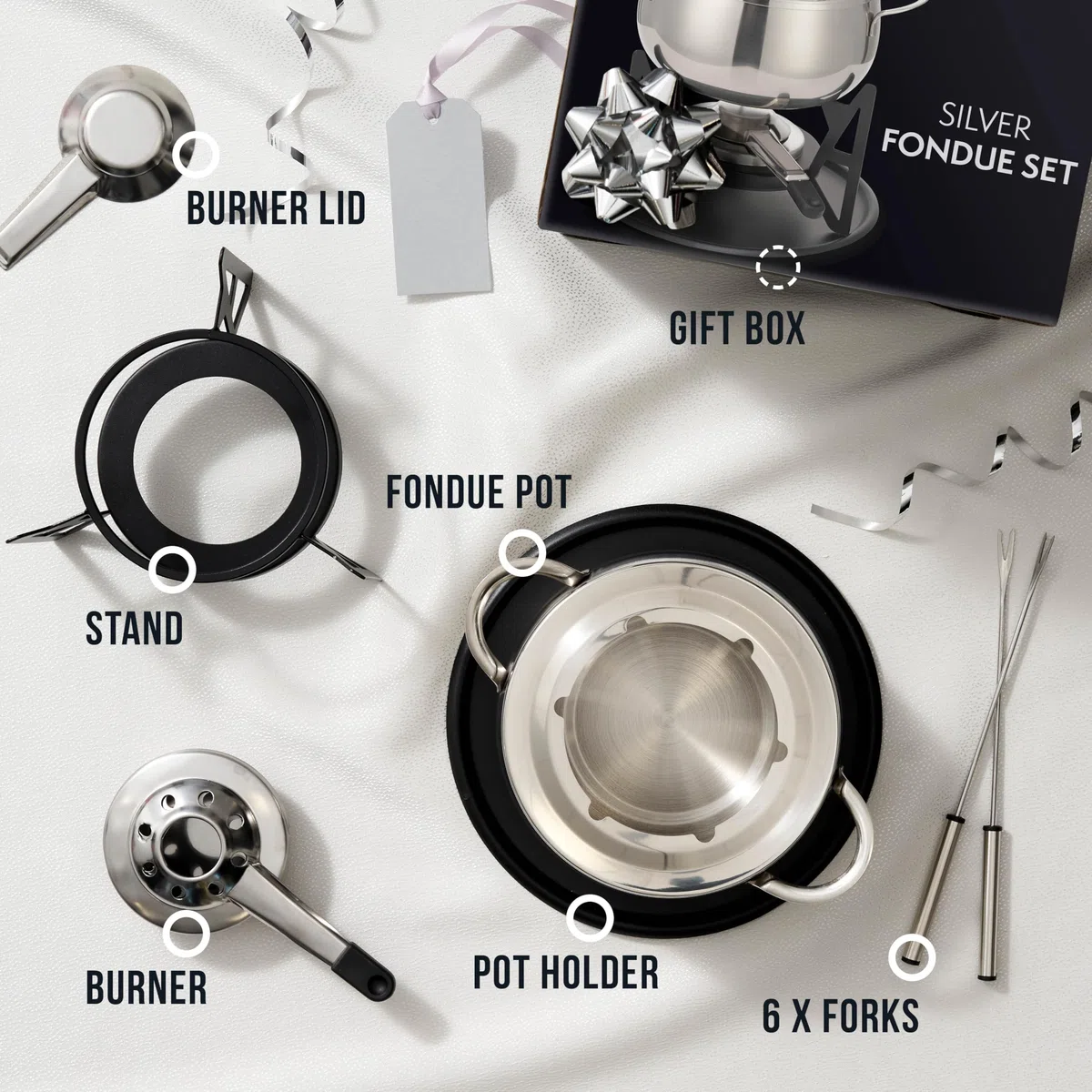 OS Oak & Steel ENGLAND Juego de Fondue de Lujo de 10 Piezas: Acero Inoxidable de Primera Calidad para una Experiencia Gastronómica Única - Regalo Ideal para Bodas, Novios y Aniversarios