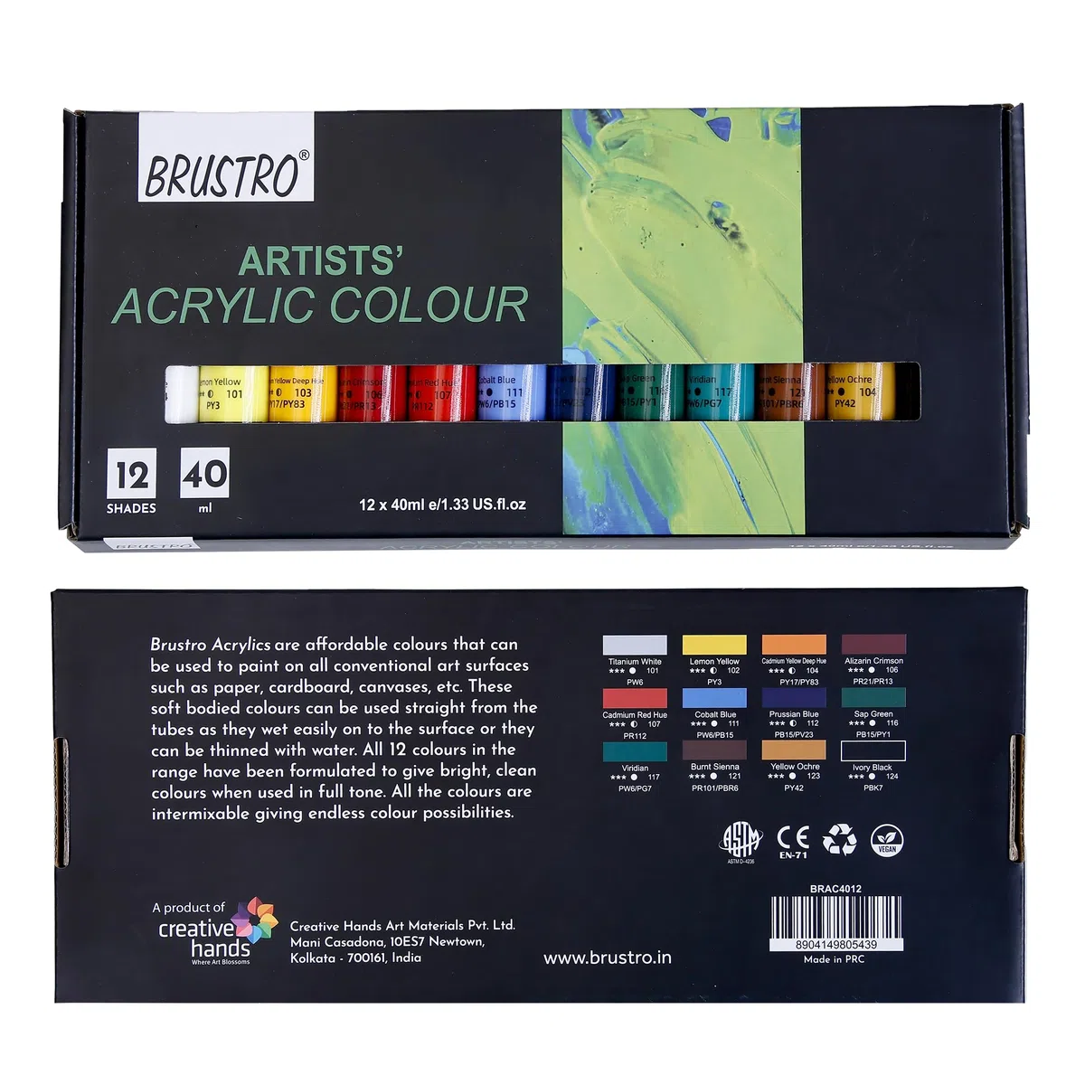 BRUSTRO Pintura acrílica de color para artistas, juego de 12 tubos de color de 40 ml, tonos vibrantes, cuerpo suave, a base de agua, no tóxica, mezclable, ideal para papel, lienzo, cartón, estudiantes