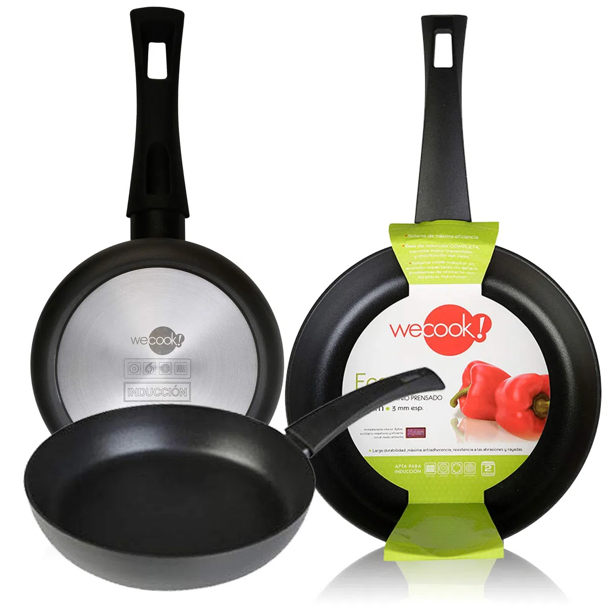 WECOOK! Ecogreen Set Juego 3 Sartenes 18-20-24 cm Aluminio, inducción, Antiadherente ecológico sin PFOA, Limpieza lavavajillas Apta para Todas Las cocinas, vitroceramica, Gas, Negro