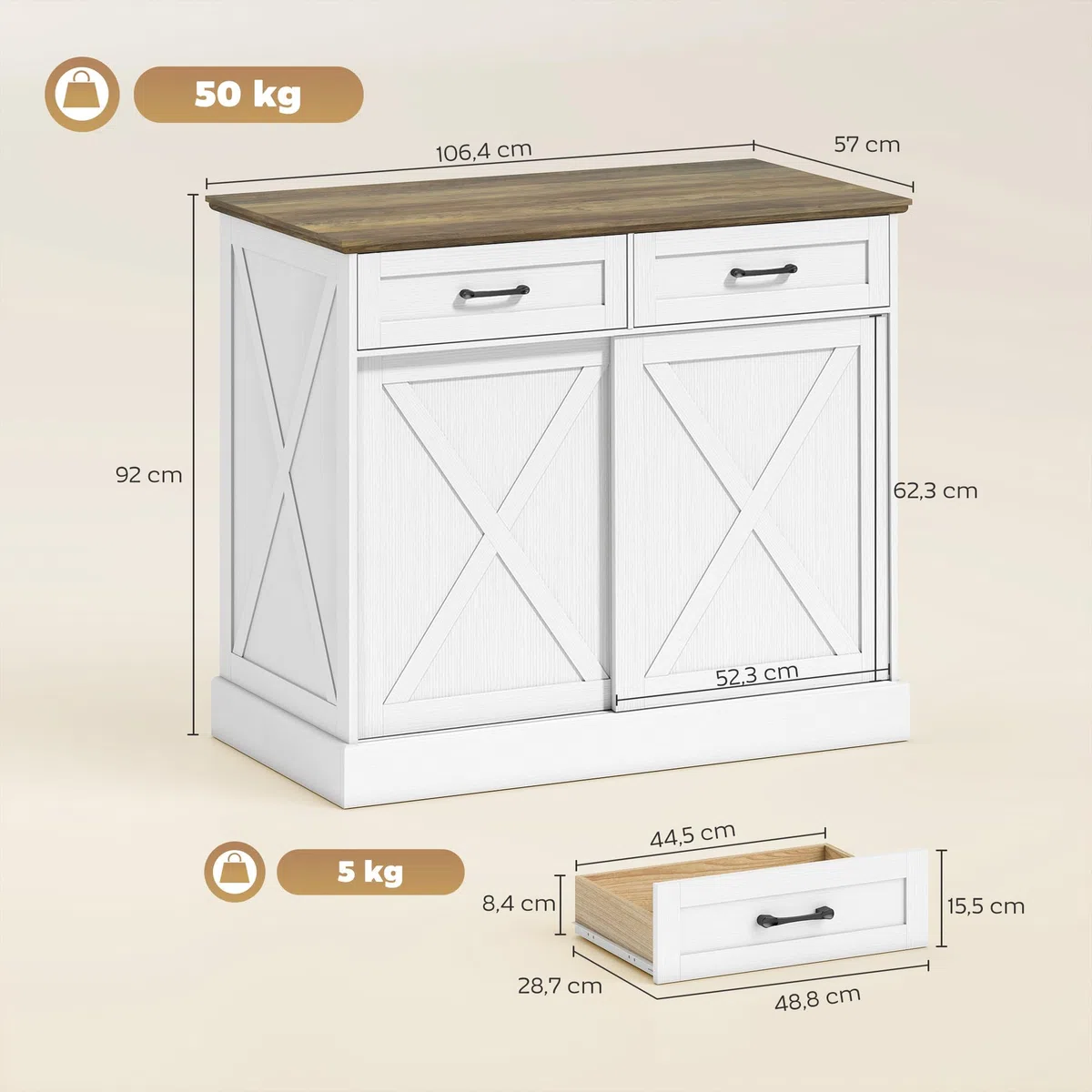 HOMCOM Isla Central Cocina, Aparador Cocina, Mueble de Almacenamiento con 2 Cajones, 2 Puertas Corredizas y Estante Ajustable, Estilo Rústico, 106,4 x 57 x 92 cm, Blanco y Marrón