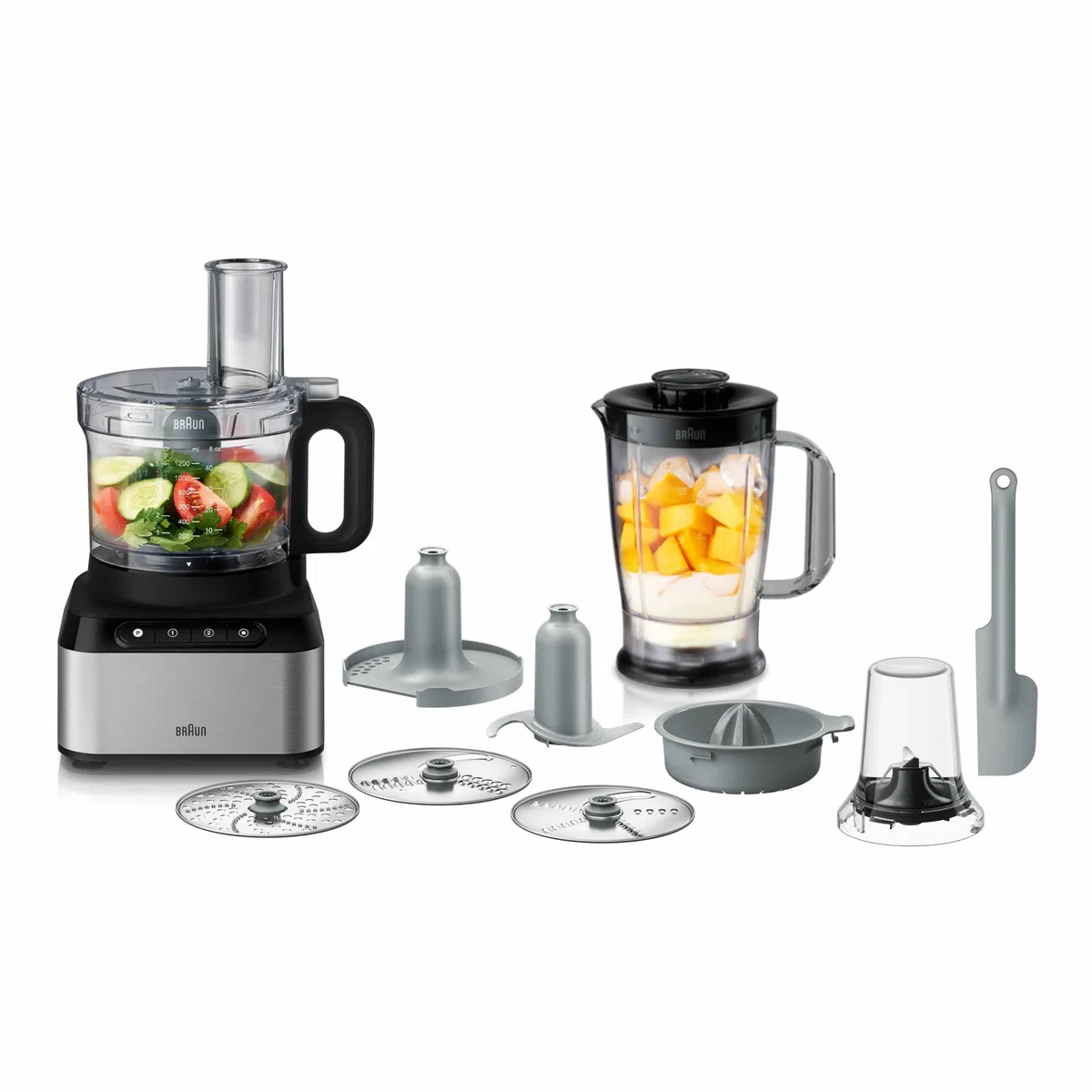 Braun PureEase FP3233SI - Robot de cocina compacto con batidora de vaso de 1,2 l y cuenco de 2,1 L, fácil de usar, 2 velocidades y función de pulso, compacto, sistema EasyClick, color plateado