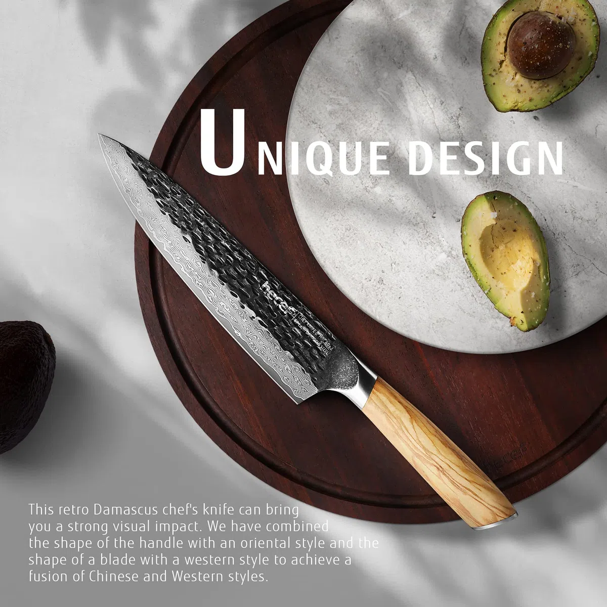 hecef Cuchillo de Cocina Damasco 20 cm con Mango de Madera de Olivo | Cuchillo japonés profesional, cuchillo cebollero chef con 67 capas de acero Damasco para carne y verduras