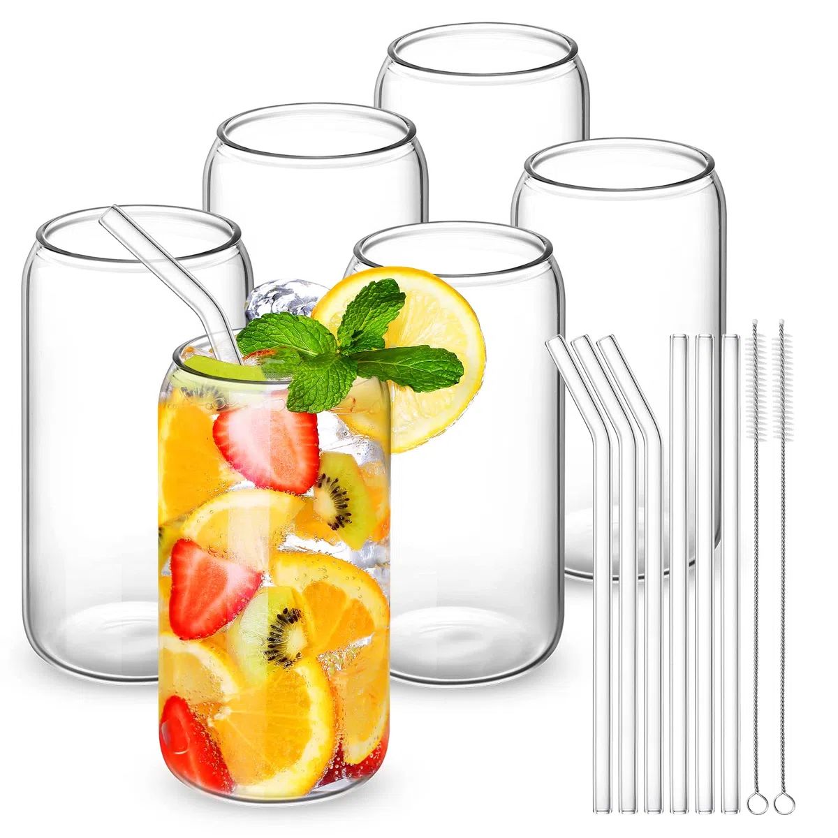 Juego de 6 vasos de cerveza con pajita de cristal, vasos de cerveza de 16 onzas, vasos de vidrio, vasos de café, ideales para whisky, refrescos, té, gran regalo + 2 cepillos de limpieza