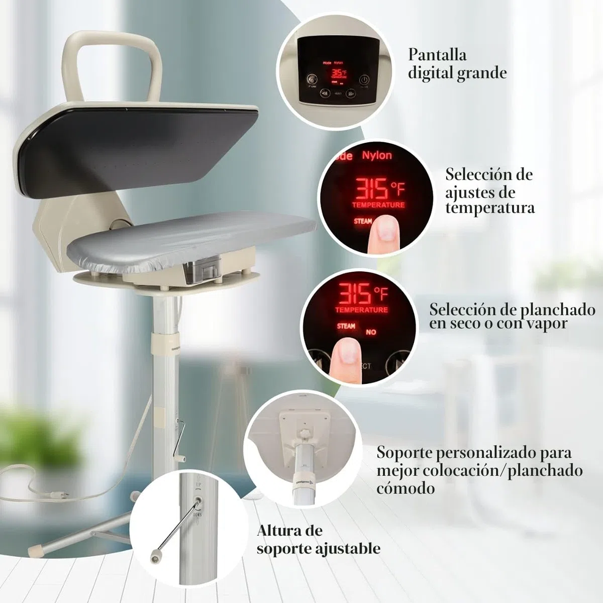 Prensa de planchado al vapor Speedypress 71HD-Plata/Negro profesional resistente de 68 cm con soporte