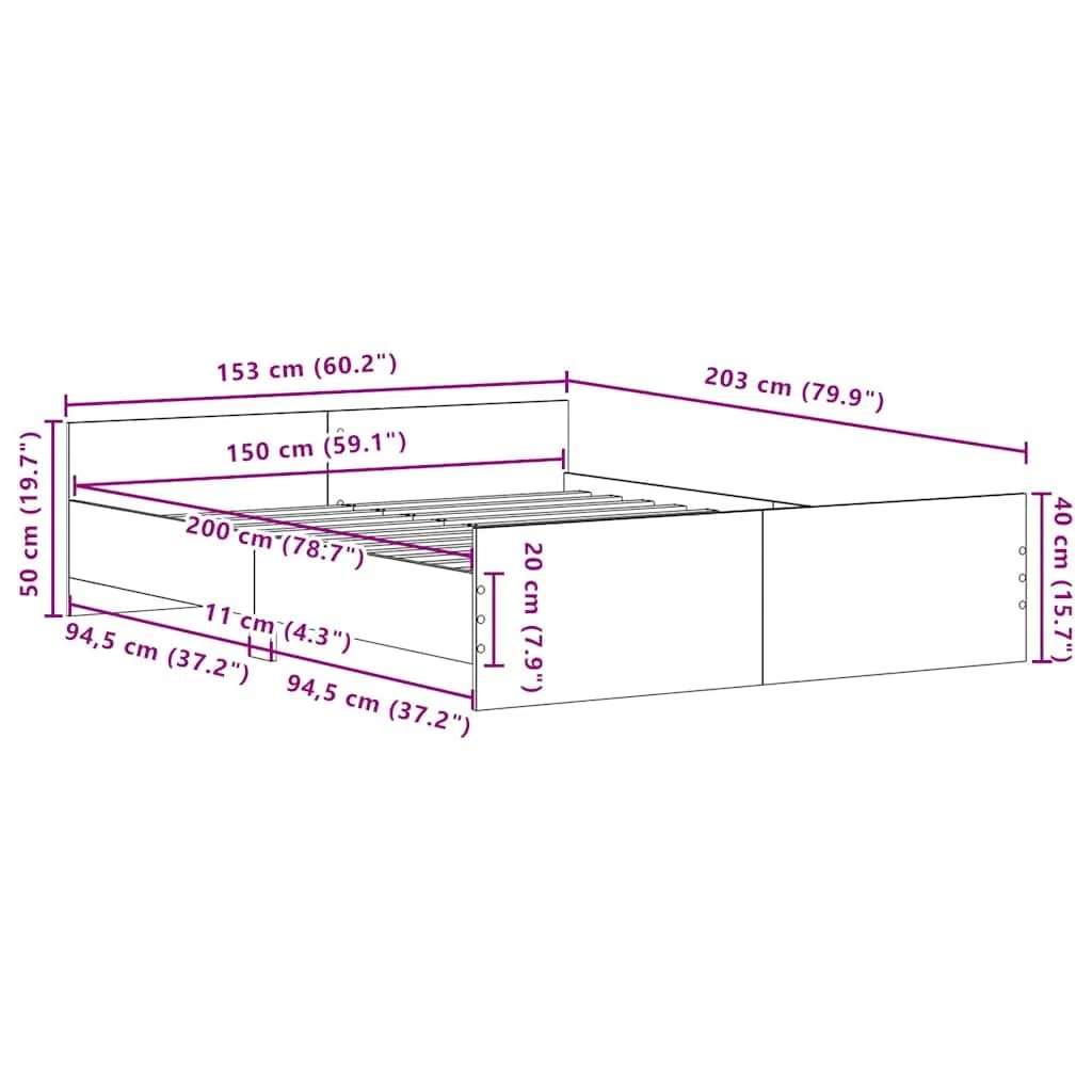 Estructura de Cama sin colchón 150x200 cm Roble Negro con cabecero y Estribo, Soporte para colchón, Base de Madera de ingeniería, Ideal para dormitorios Juveniles y Adultos