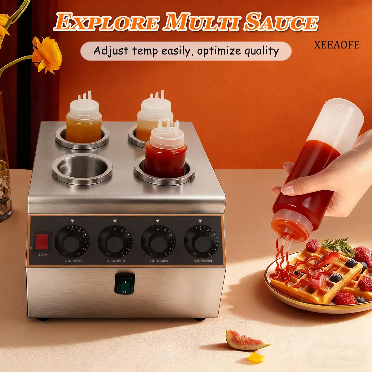 Dispensador eléctrico comercial para calentar salsas, acero inoxidable de 640 W, para encimera, queso nacho y calentador de dulce caliente con 4 botellas exprimibles de 650 ml