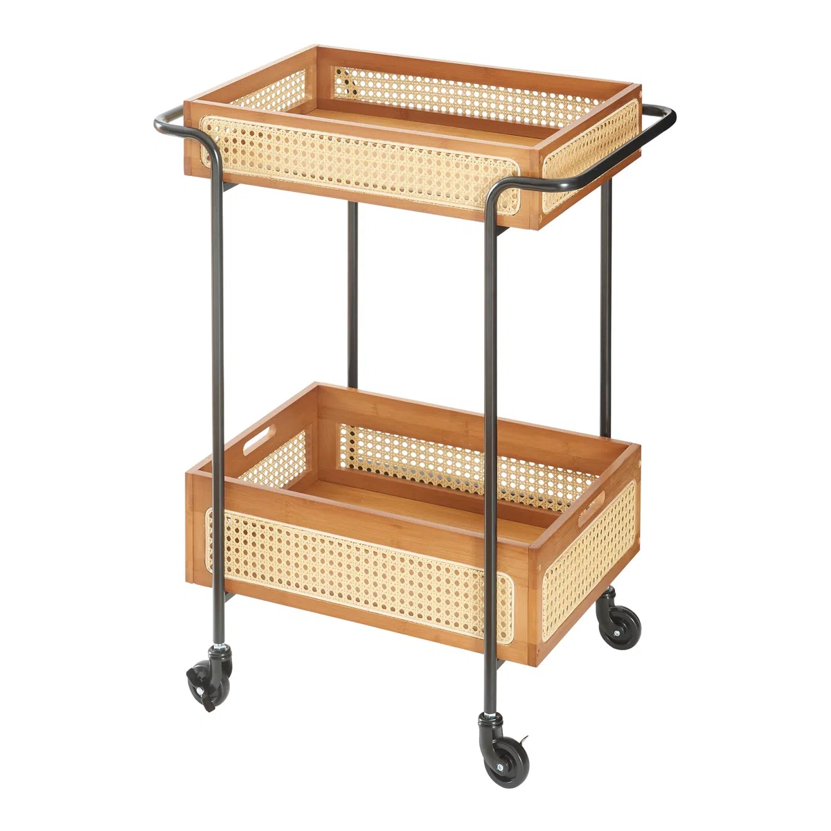[en.casa] Carro de Servicio Tervola con 2 Cestas Carrito de Cocina Estantería de Baño con 4 Ruedas Multiusos Versátil Resistente Metal/Bambú 81x61x39cm - Negro/Efecto Ratán
