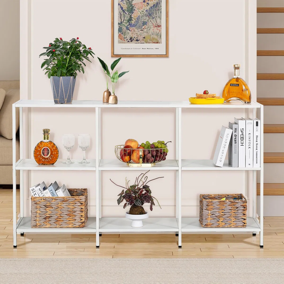 HDANI Mesa de sofá consola de 140 cm con 3 estantes, mesa de entrada estrecha con marco de metal, mesa industrial detrás de mesas de sofá, moderno soporte de TV para pasillo, sala de estar, dormitorio