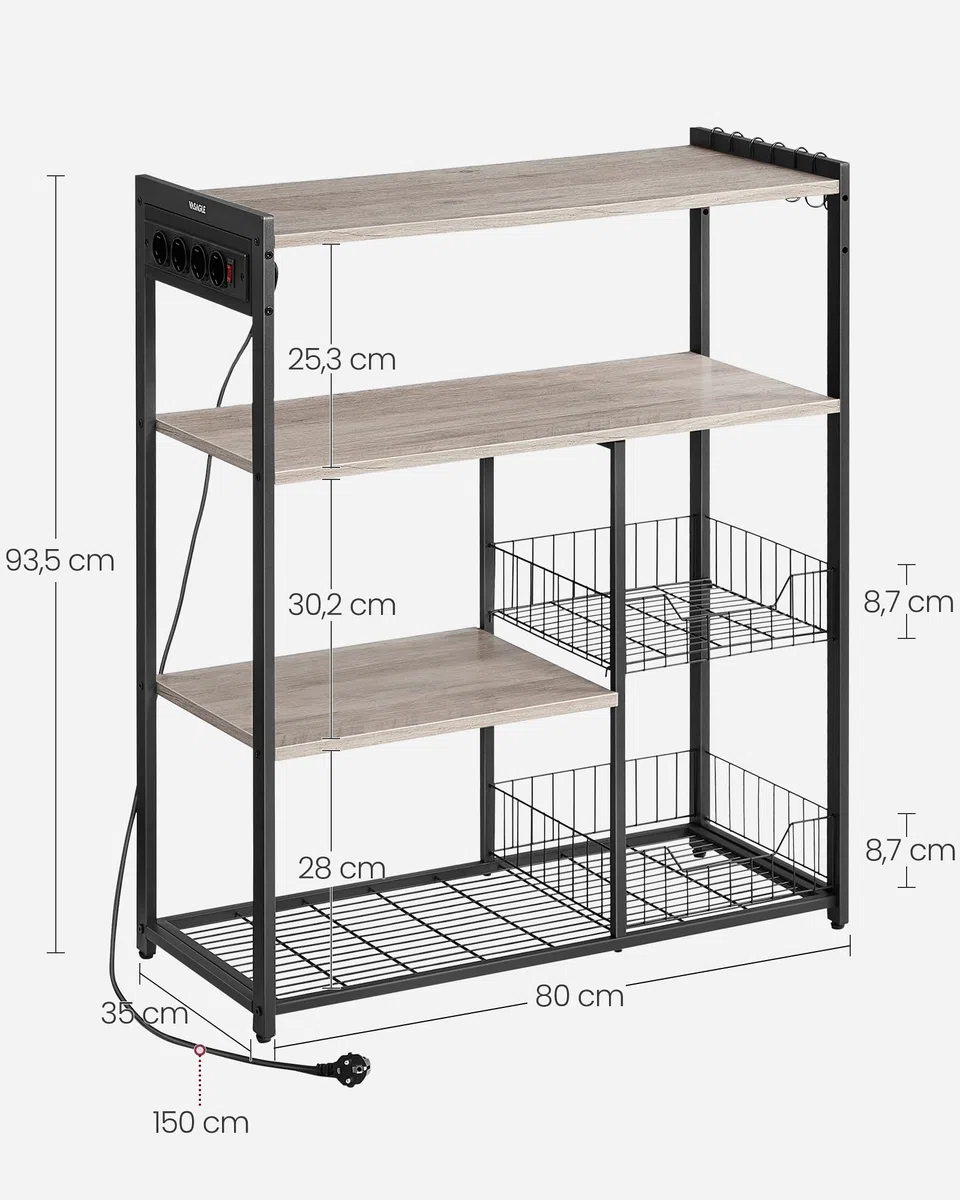 VASAGLE Estantería de Cocina con Enchufes, 2 Cestas de Malla, Estantería para Microondas, con Estantes y Ganchos, 35 x 80 x 93,5 cm, Estilo Industrial, Greige Mélange y Negro Tinta KKS196K02