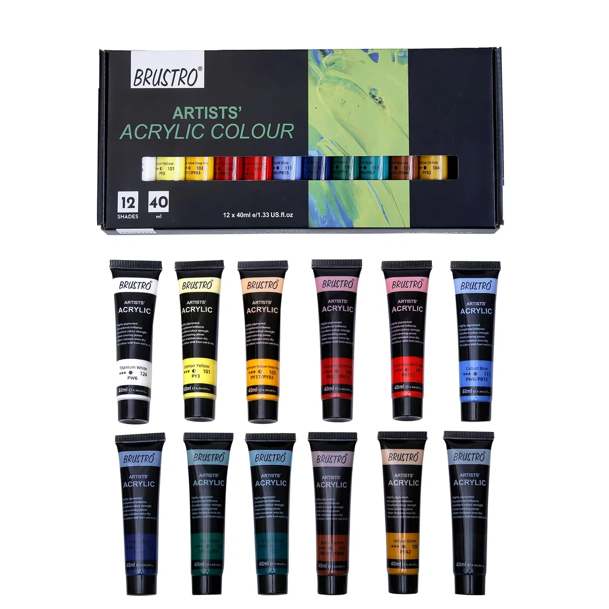 BRUSTRO Pintura acrílica de color para artistas, juego de 12 tubos de color de 40 ml, tonos vibrantes, cuerpo suave, a base de agua, no tóxica, mezclable, ideal para papel, lienzo, cartón, estudiantes