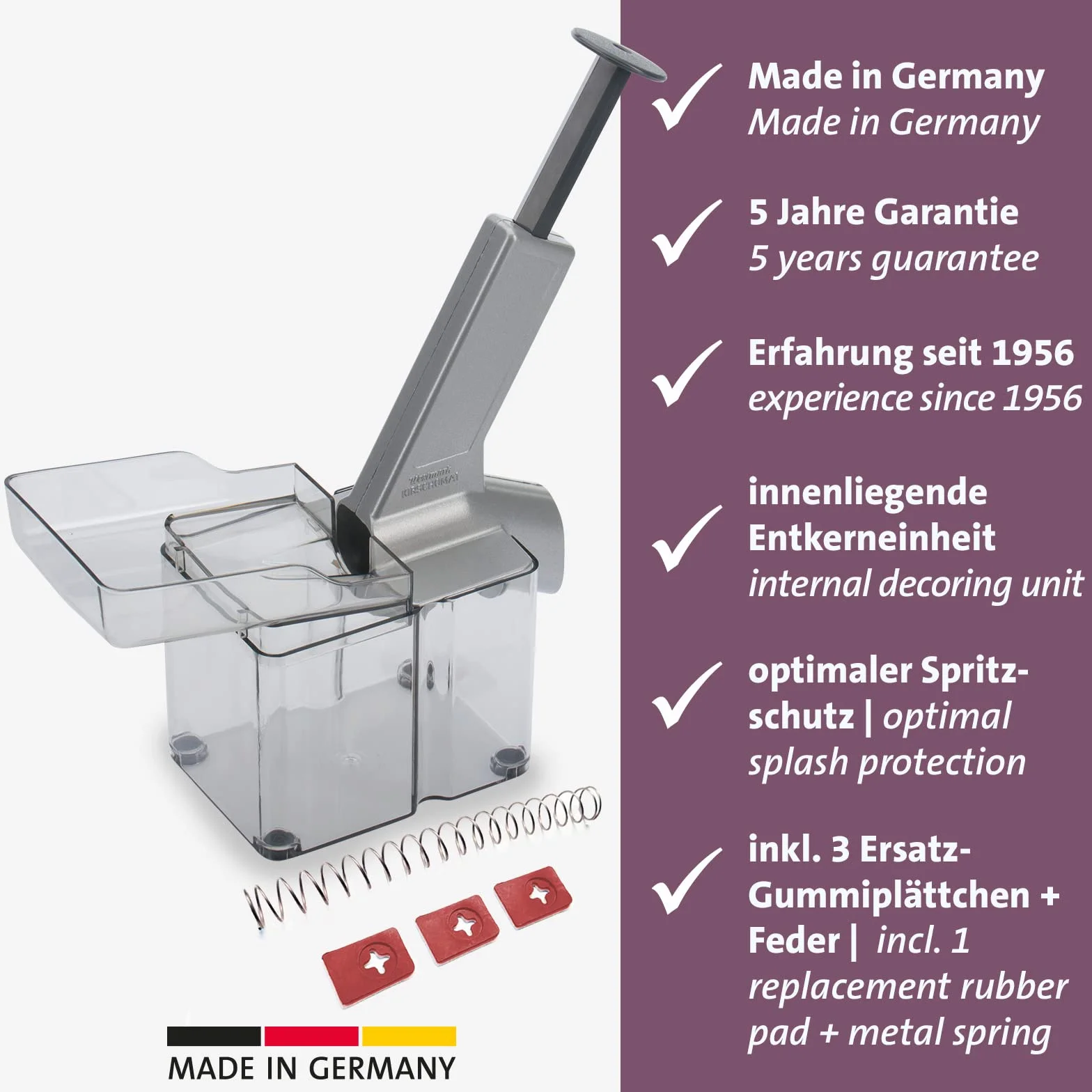 Westmark Descorazonadora de cerezas con tolva y caja grande, Set que incluye piezas de repuesto, 4 piezas, Plástico/acero inoxidable/aluminio, Kirschomat, Plateado/Negro/Transparente, 407022E6