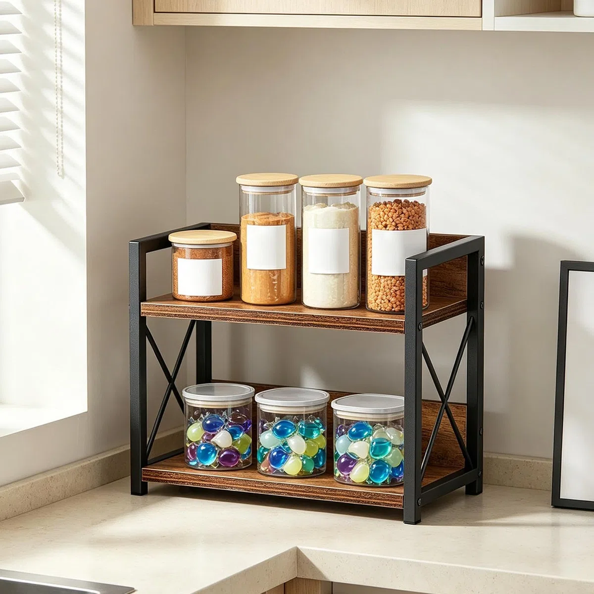 Estante de condimentos – Almacenamiento de 2 niveles de gran capacidad, estante de almacenamiento de condimentos resistente, para organización de esquina de despensa, hogar, baño, sala de estar