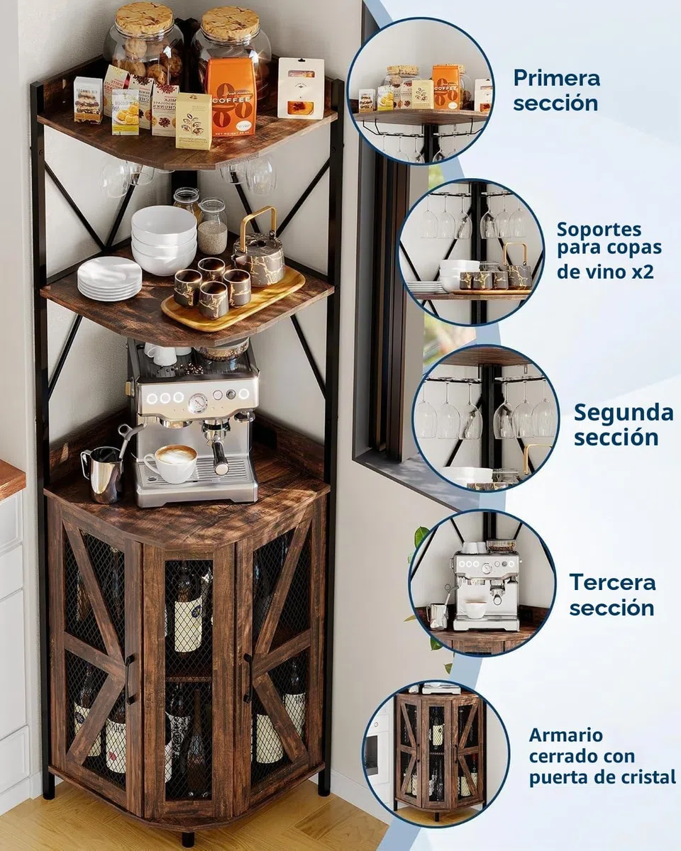 Zstar Armario De Vino Esquinero con Iluminación RGB, Estantes Ajustables y Portavasos, Almacenamiento para 12 Botellas, Diseño Multifuncional De Metal y Madera, Ideal para Hogar y Bar