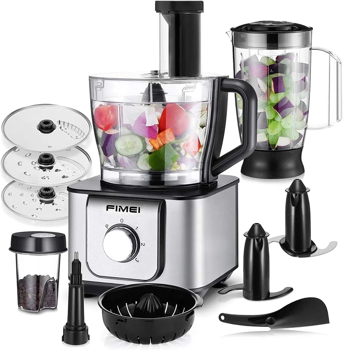 FIMEI Procesador de alimentos multifuncional 1100W, 3 velocidades y función Pulse, 3.2L picadora, 1.5L batidora, molinillo, exprimidor de cítricos, amasadora, rallador y disco reversible para rebanar