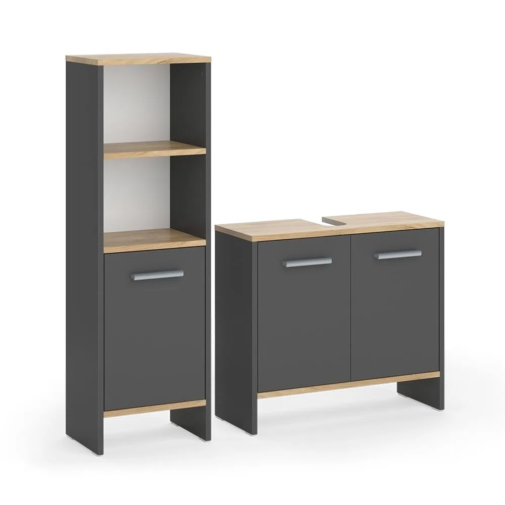 Vicco Conjunto de Muebles de baño Karli, Antracita/Roble Dorado, 63.8 cm, Compuesto por Mueble bajo para Lavabo y Columna de baño