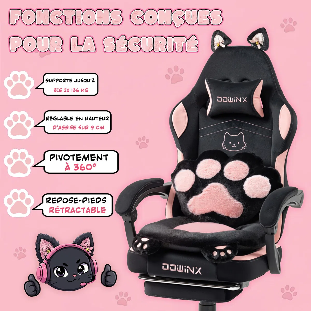 Dowinx Silla Gaming Ergonómica con Reposapiés, Silla Gamer de Terciopelo con Cojín Lumbar y Orejas de Gato, Silla de Oficina para PC y Escritorio, para Mujeres, Adultos y Adolescentes,Negro y Rosa