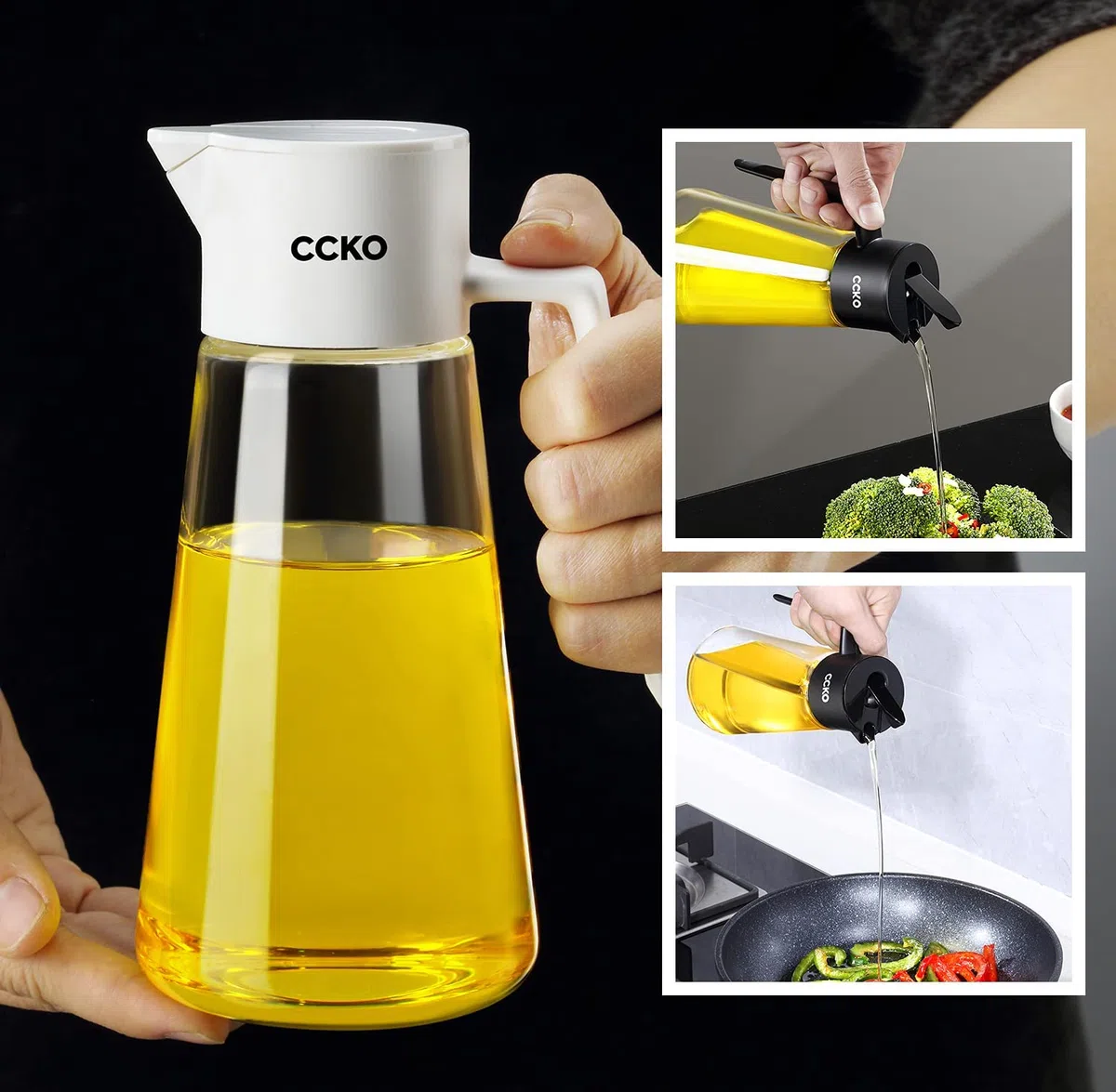 CCKO Botella dispensadora de aceite de oliva de 538 ml para cocina de cocina, dispensador de aceite de cocina sin goteo, apto para salsa de soja, jarabe, vinagre, aderezo de ensalada (negro)
