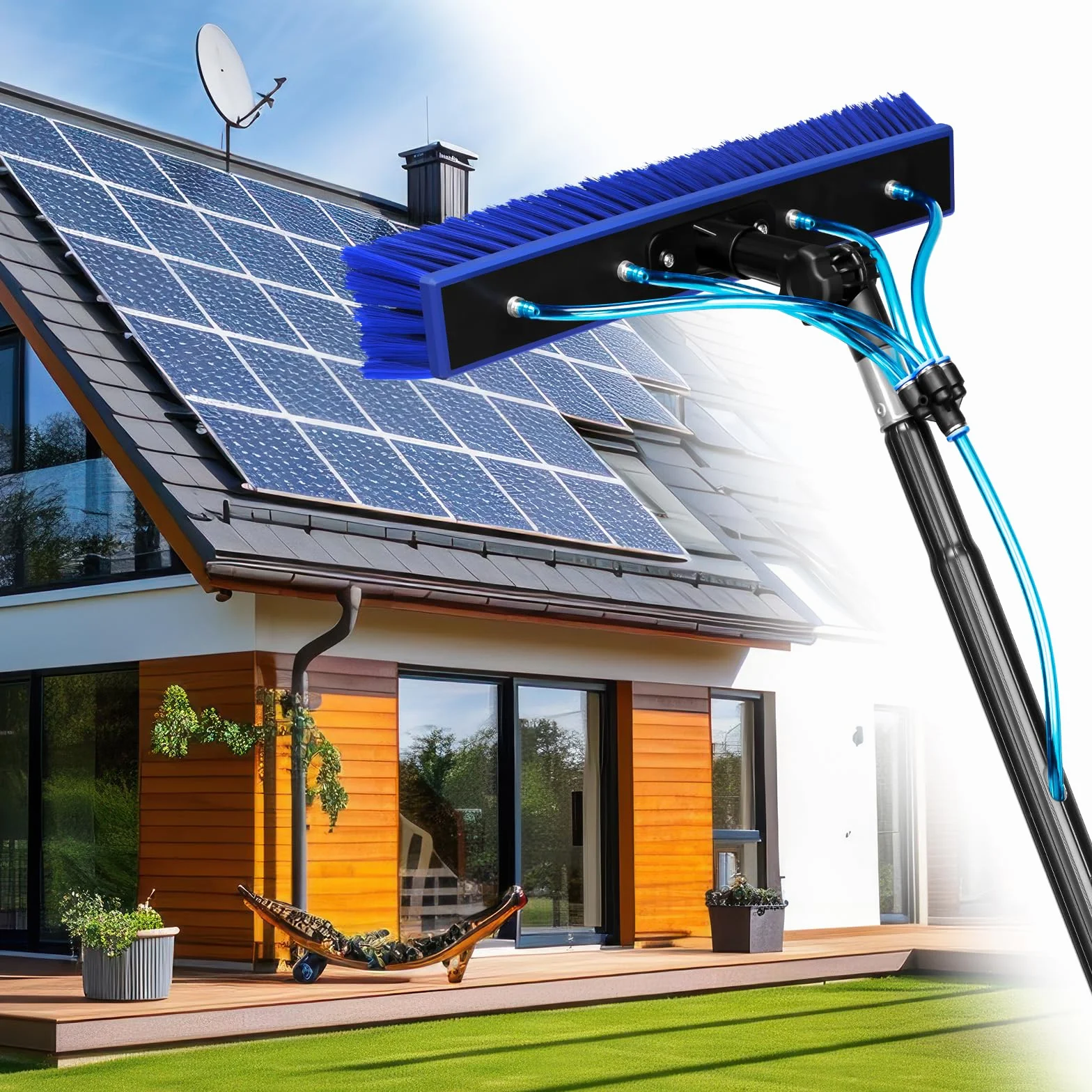 Cepillo de Limpieza de Panel Solar de 10 metros, Cepillo de Agua Limpia con 4 Boquillas, Dosificador de Jabón, para Limpieza de Paneles Solares, Ventanas, Muro (10M)