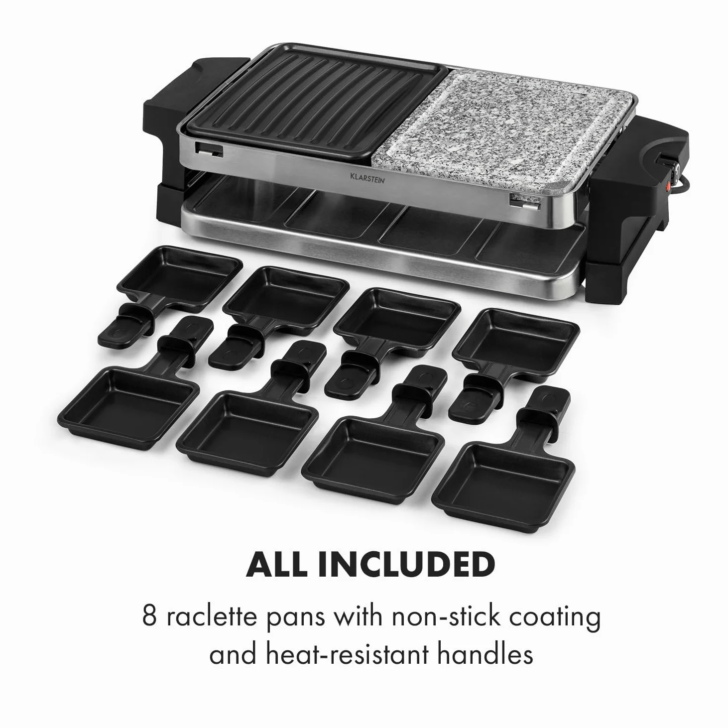 Klarstein Sirloin Grill para raclette, 1500 vatios, 2 en 1: placa de grill de aluminio y placa de piedra natural, Termostato regulable, para 8 personas, Sartenes de raclette de acero