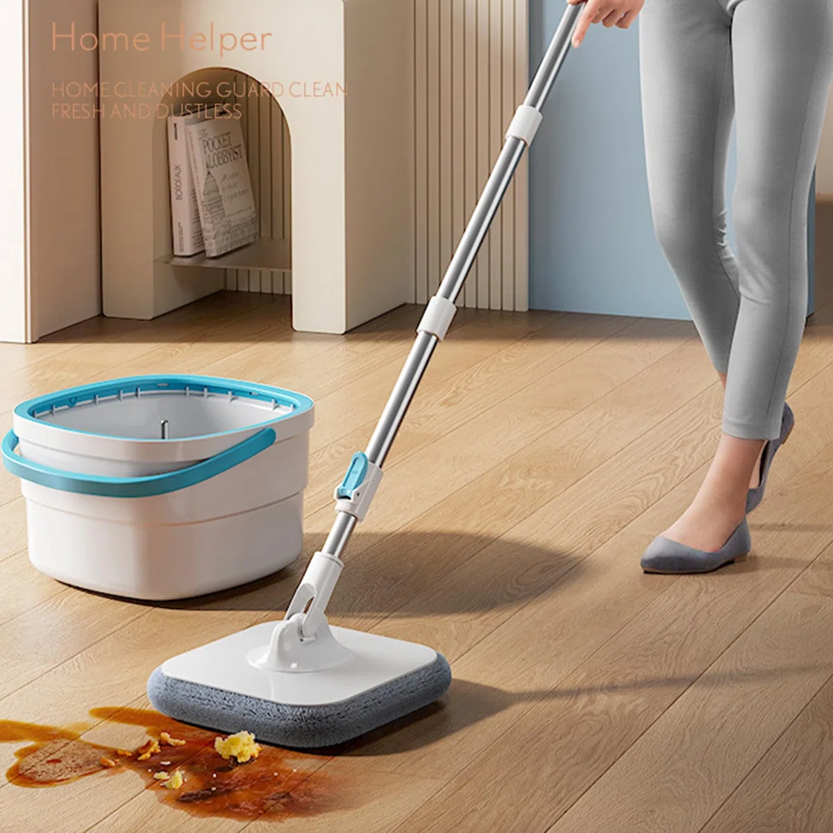 Juego De Cubo Y Fregona Utensilios De Limpieza del Hogar para Suelos | Fregona y Cubo con Lavado Sin Manos Para Dormitorio, Comedor, Cocina, Baño, Estudio Y Para Suelos De Madera Dura