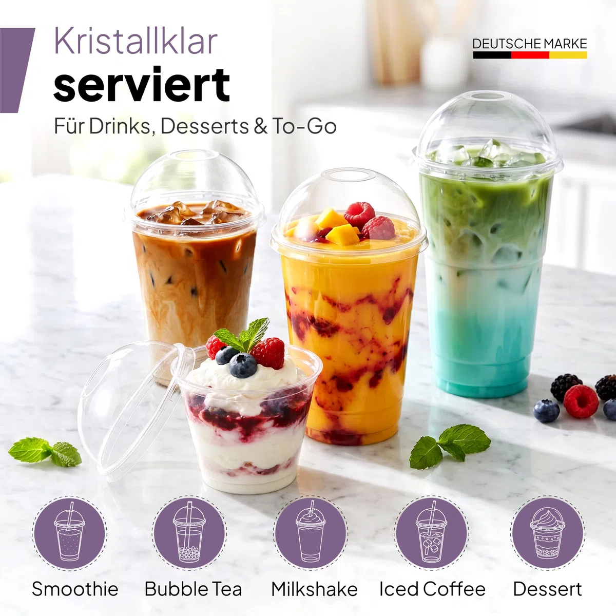 Inoverse Juego de 800 vasos para batidos, 200 ml, con tapa | Taza de postre, taza de café helado, transparente R-PET, apertura para pajita, ensalada de frutas, yogur y eventos