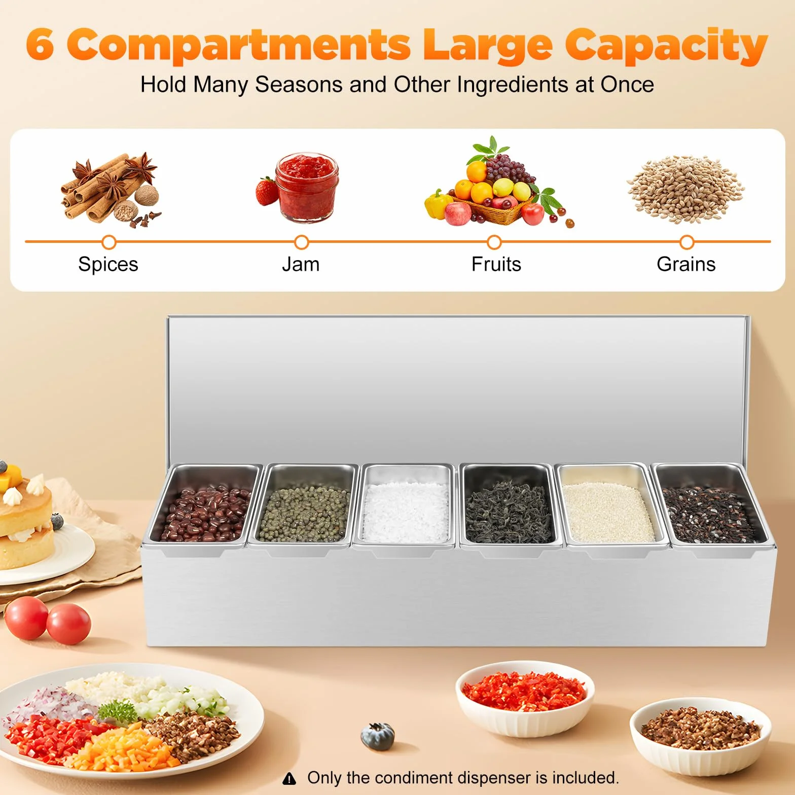 Dispensador de condimentos con tapas abatibles for cocinas y restaurantes, organizador de especias y salsas de acero inoxidable for preparación de alimentos limpios y fácil acceso