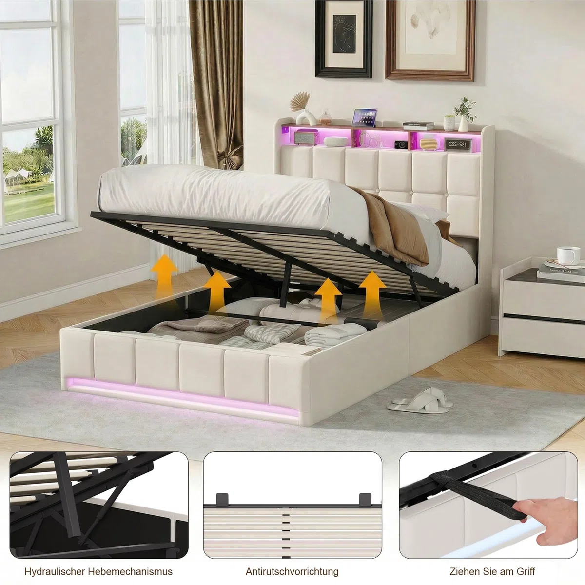 Cama con cajón 140 x 200 con LED, cama de matrimonio tapizada con somier de listones y compartimento de almacenamiento, cabecero doble, cama de matrimonio para adultos y adolescentes, sin