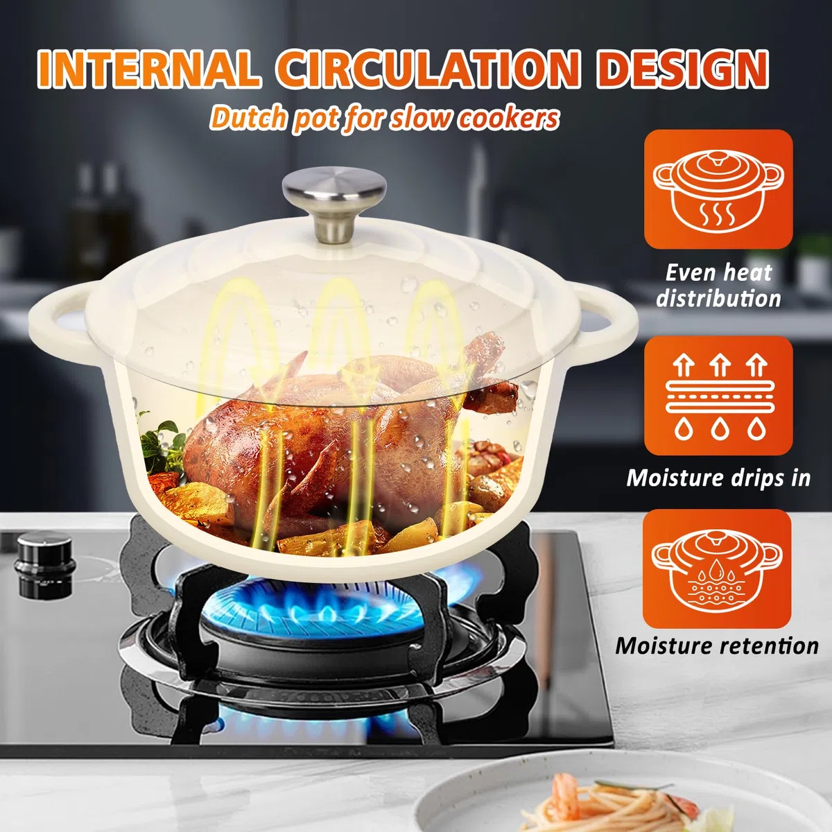 GFTIME Juego de 8 piezas de cocina en hierro fundido esmaltado antiadherente, ollas, sartenes y horno holandés para todo tipo de fuegos, ideal para hornear pan