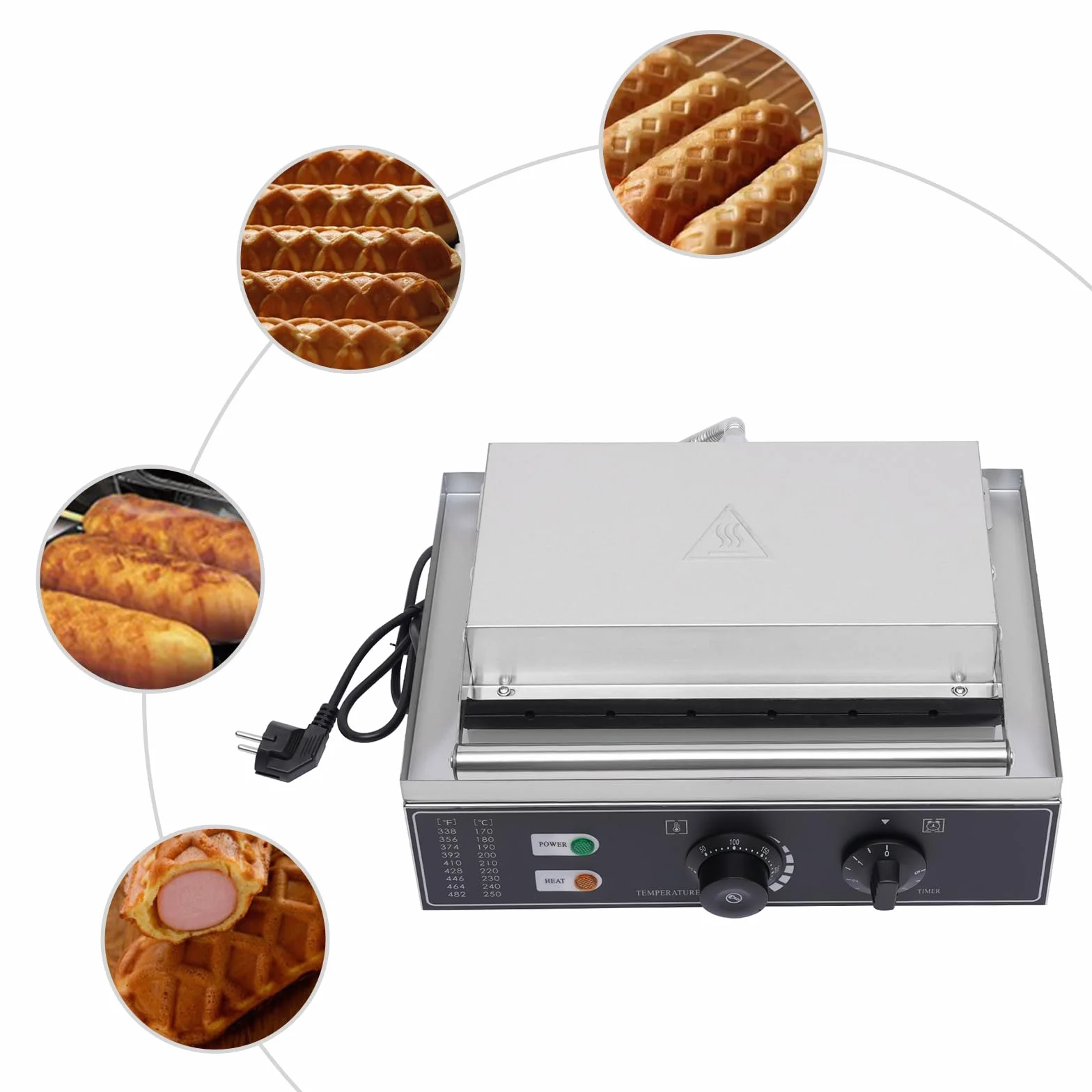 Gofrera eléctrica comercial de acero inoxidable, gofres con temporizador, 50-300 ℃, 1500 W, 220 V