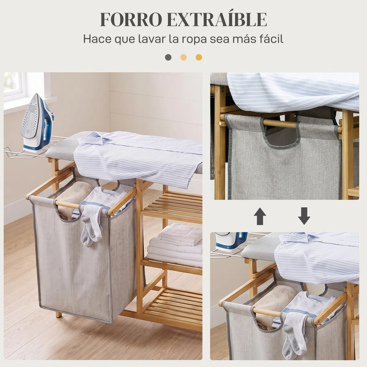 HOMCOM Cesto de Ropa Sucia 57,4L con Tabla de Planchar 113x34x82 cm Natural | Cesta Ropa Sucia de Bambú, Soporte para Plancha, 3 Estantes, Bolsa Extraíble, Estantería de Baño para Lavandería
