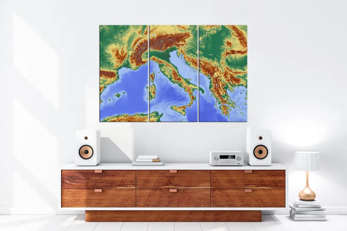 Mapa de los Alpes (Lienzo, Marco de Madera auténtica, impresión Digital Marco, sin póster ni Cartel), Dreiteilig (120x80)