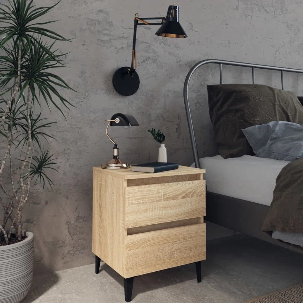 Mesita de noche de roble Sonoma, 40 x 35 x 50 cm, material de madera con dos cajones y cuatro patas de metal para almacenamiento y estabilidad, encanto industrial, fácil de limpiar con humedad