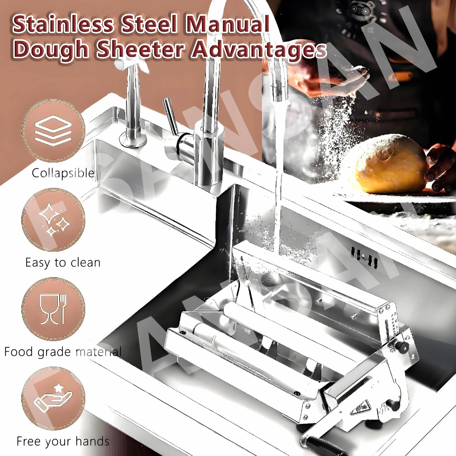Laminadora de Masa Manual Plegable para panadería, Pizza y Croissants. Rodillo de repostería y Fondant de Acero Inoxidable, Grosor Ajustable. Equipo de panadería Comercial Plegable,Model400