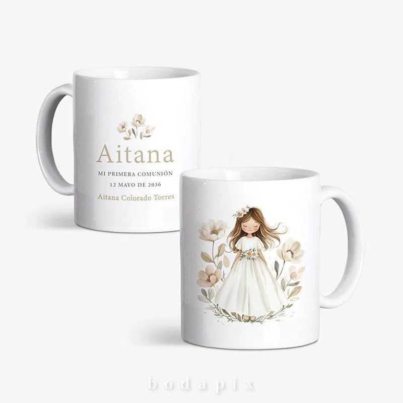 Tazas Personalizadas para Comunión con Nombre, Fecha y Foto | Regalo Original para Invitados | Cerámica 350 ml | Pack 10 o 15 Unidades (Grace)