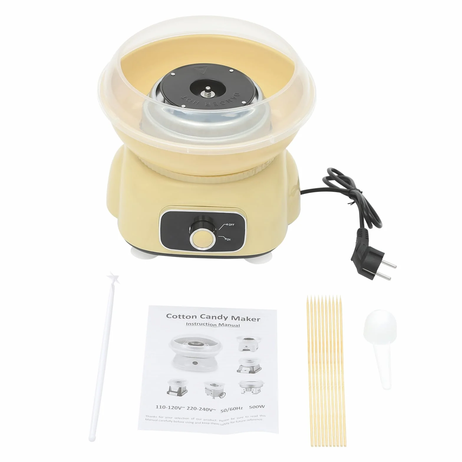 Máquina de algodón de azúcar con 10 varillas y cucharas medidoras, 500 W Cotton Candy Machine para fiestas en casa (amarillo)
