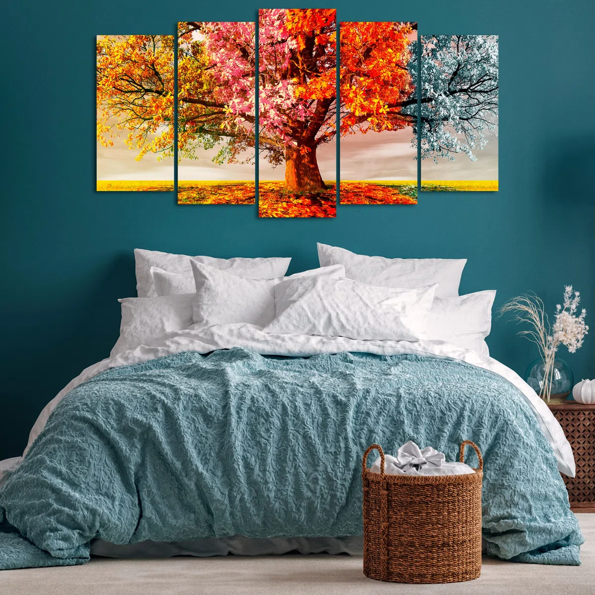 DekoArte - Cuadros Modernos Impresión Imagen Artística | 5 Piezas 150x80cm | Lienzo Decorativo Para Tu Salón o Dormitorio | Estilo Paisaje Árboles Cuatro Estaciones Del Año