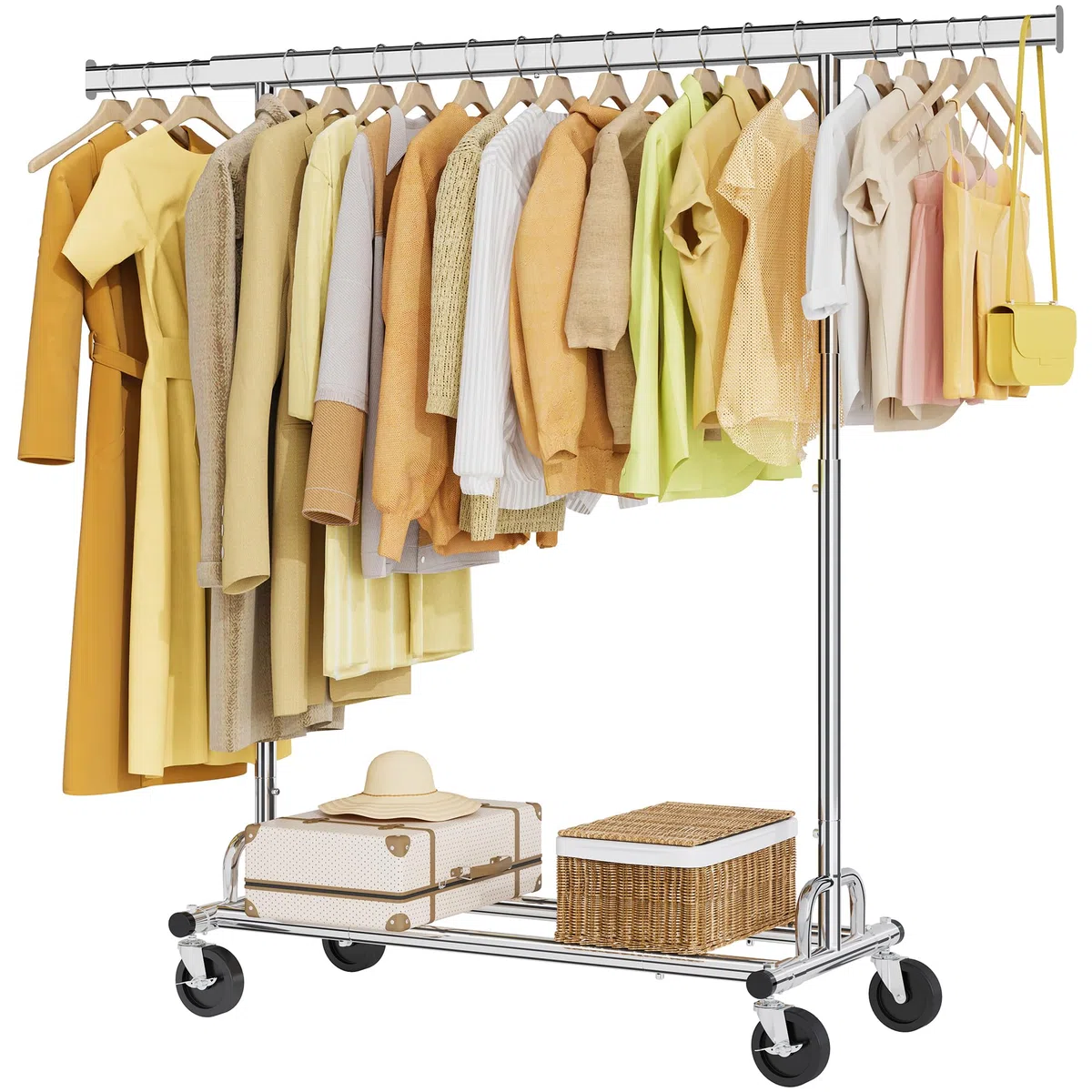 Tajsoon Perchero resistente con ruedas y barra extensible, hasta 159 kg, plegable, para uso comercial, cromado