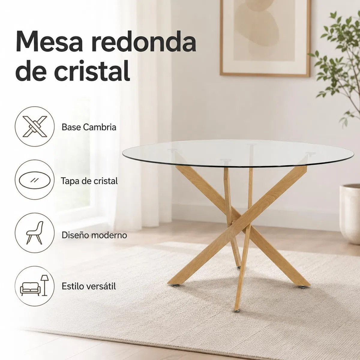 Mesa de Comedor Redonda 120 cm – Mesa de Cocina de Cristal Templado para 4-6 Personas – Mesa Redonda Moderna con Patas de Acero, Montaje Fácil, Carga 70 kg, Cambria