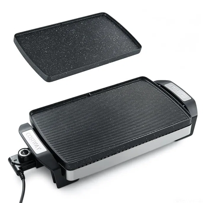 COSTWAY Plancha Eléctrica Barbacoa 1500 W, Placa Reversible Antiadherente | Parrilla Grill de Asar con Temperatura Ajustable, Asas Frías al Tacto y Base Antideslizante, Tabla de Asado para Cocina