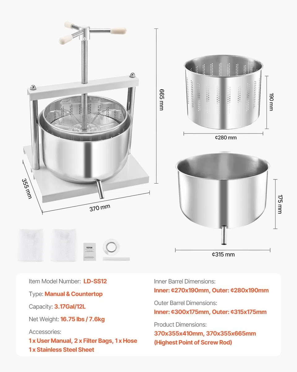 VEVOR - Prensa de vino de frutas, 2.98 gal/11.3 l, cesta de madera maciza con 6 bloques, fabricante de jugos manual, tintura de sidra, manzana, uva, verduras, miel y aceite de oliva con barra de mango
