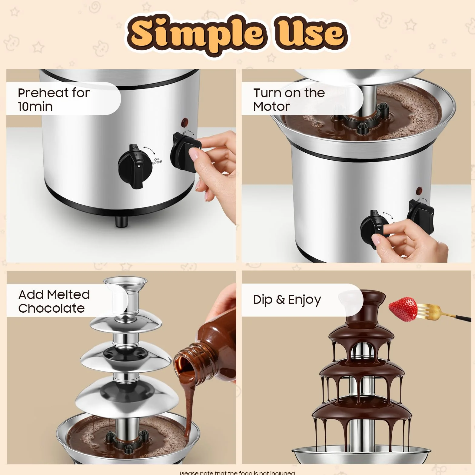 Fuente de chocolate eléctrica de 4 niveles, con función de fusión y función de mantenimiento del calor, acero inoxidable, fondue de chocolate
