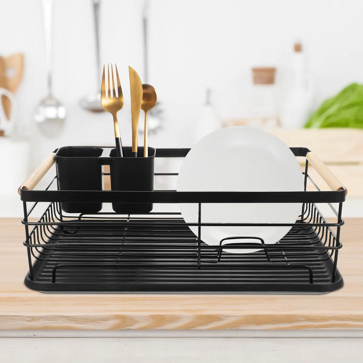 Escurridor Organizador Multifuncional Negro Gran Capacidad de Platos de Hierro para Cubiertos y Vajilla Bandeja para Encimera de Cocina