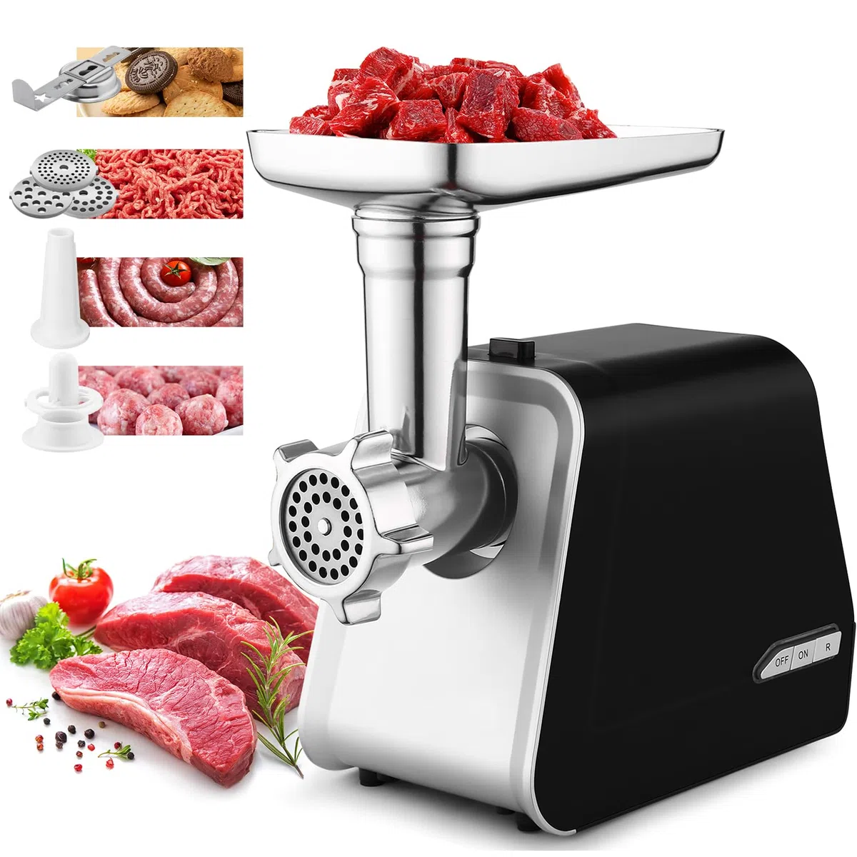 COOCHEER Picadora de carne eléctrica, 2000 W, picadora de carne picada con 3 discos perforados, accesorios para salchichas y kibbe para cocina doméstica, carne, comida para bebés
