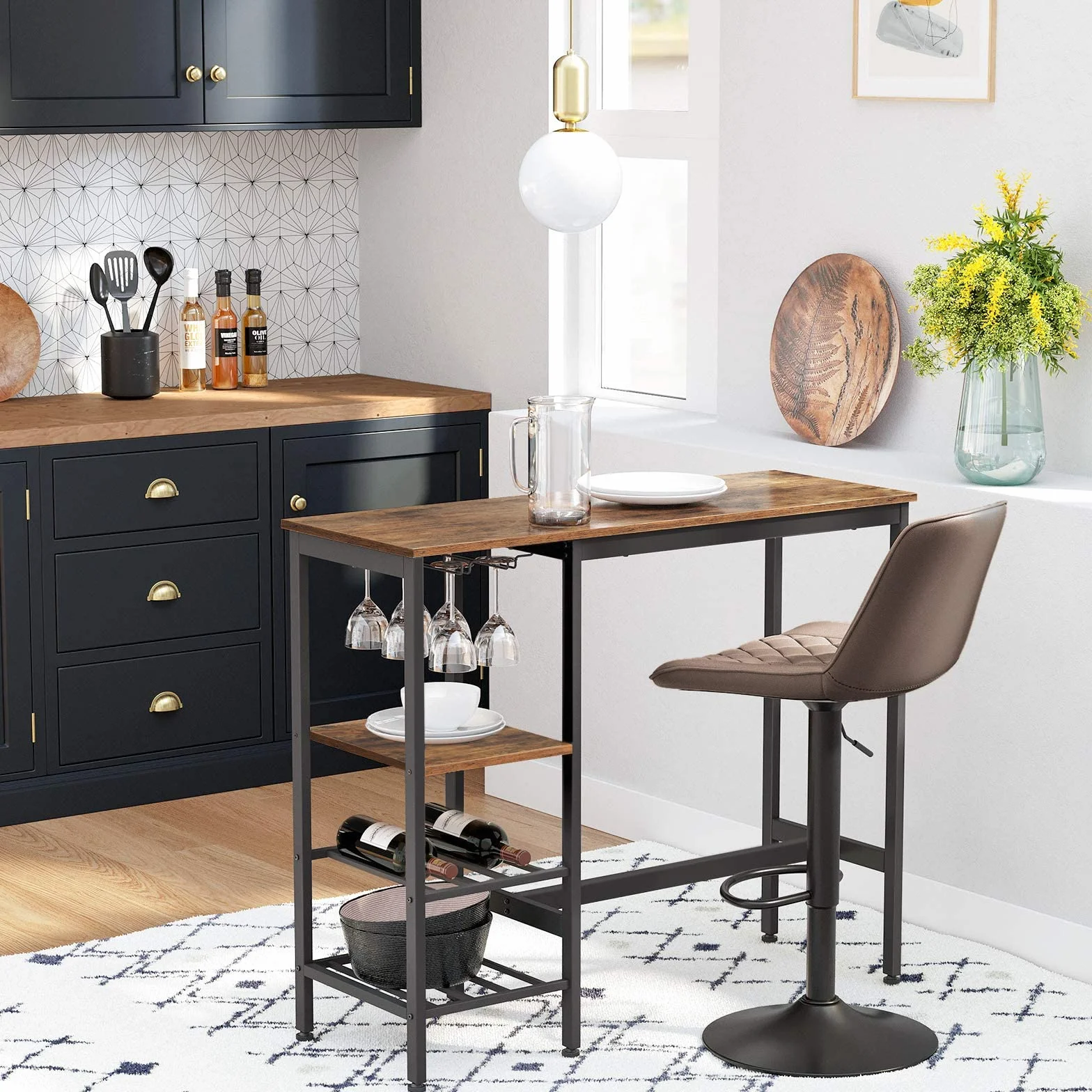 VASAGLE Mesa alta de comedor, bar, con soporte para copas de vino y botellero, para salón, cocina, 110 x 40 x 90 cm, industrial, marrón rústico y negro LBT013B01, madera de ingeniería
