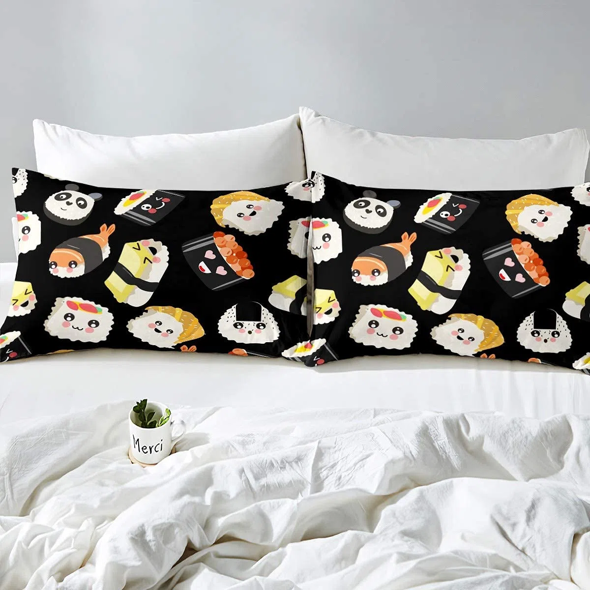 Juego de funda de edredón de sushi súper King, juego de ropa de cama de sushi kawaii con dibujos animados de dibujos animados de estilo japonés, juego de funda de edredón con estampado de alimentos