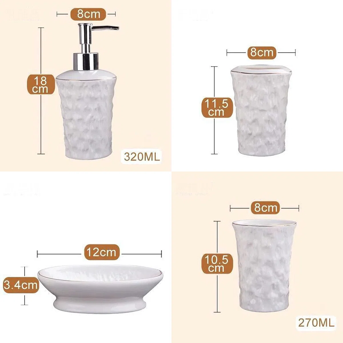 Juego de Accesorios de baño Dispensador de jabón, Porta cepillos Dientes, Plato for 2 Tazas, Blanco con Detalles Dorados Decoración estética para el hogar