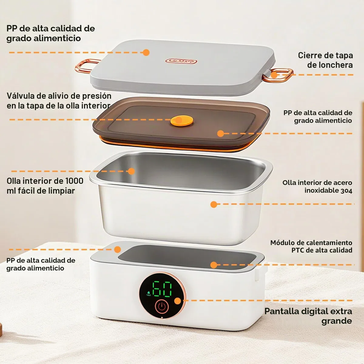 Fiambrera eléctrica con batería 16000mAh 1L Fiambrera calefacción inalámbrica para adultos función de calentamiento automático, Fiambrera calefacción por USB, Contenedor interior de acero inoxidable