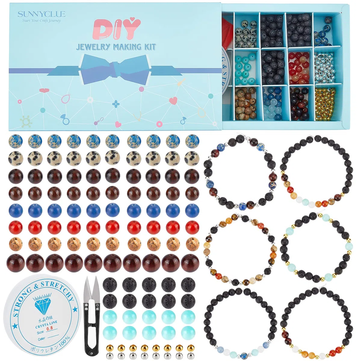 SUNNYCLUE 1 Caja de 300 Piezas + 6.(118) in Planet Pulsera Kits de Cuentas Sistema Solar Pulseras de Piedras Preciosas Cuentas Espaciadoras Sueltas Cuentas con Hilo de Cristal Elástico