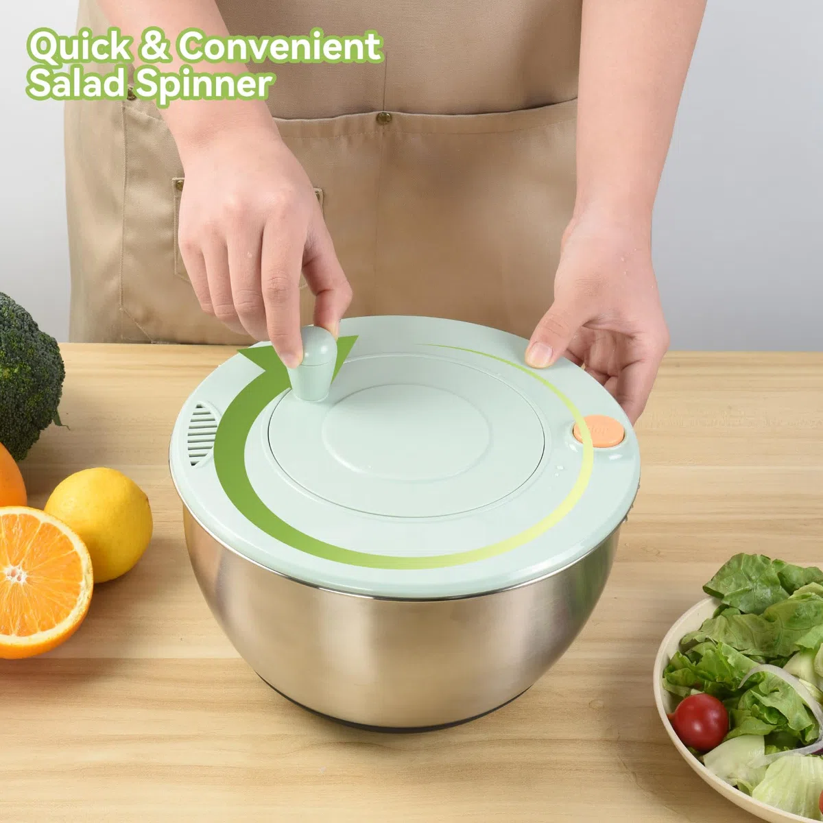 OTraki Centrifugadora Lechuga 5L en Acero Inoxidable, Escurridor Lechuga Grande Secador de Lechuga y Verduras con Base Antideslizante Apta para Lavavajillas, Lavar y Escurrir Las Ensaladas
