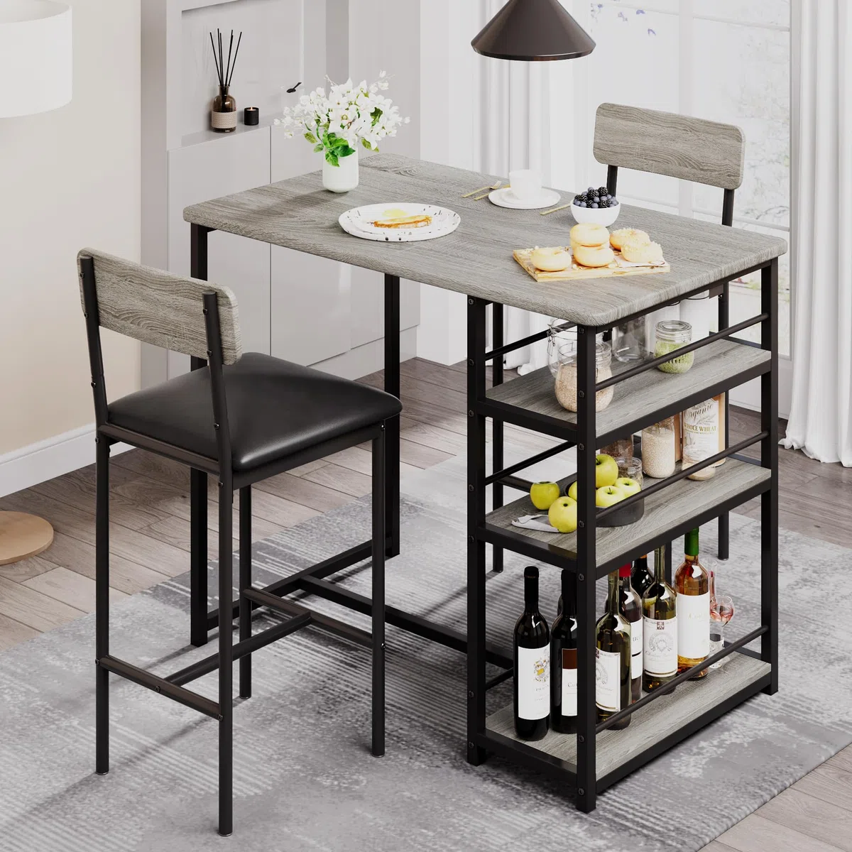 Zstar Juego De Mesa De Comedor para 2, Sillas Tapizadas, Juego De Mesa De Bar De 3 Piezas con Estante de Almacenamiento de 3 Niveles， para Espacios Pequeños, Apartamentos y Estudios, Gris